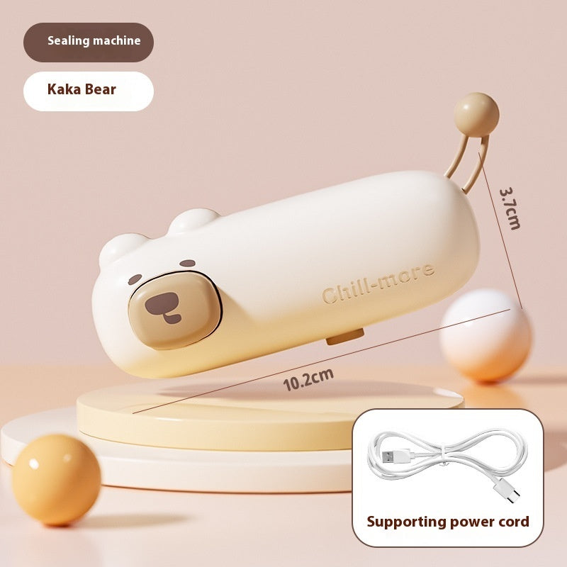 Coffee Bear rechargeable mini bag sealer with USB-C cable and dimensions