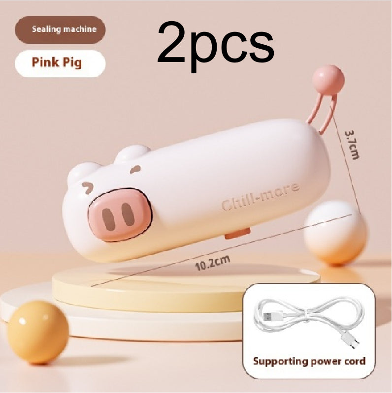 Pink Pig mini bag sealer 2-pack with USB-C charging cable and dimensions