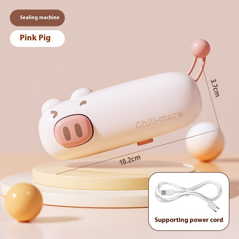 Pink Pig rechargeable mini bag sealer with USB-C charging cable
